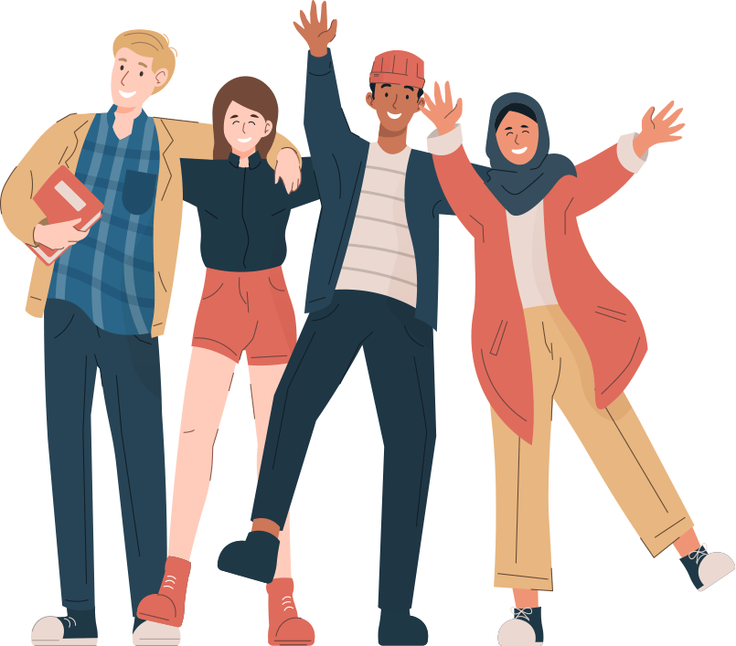 Illustration of four students standing together, looking out at the viewer. They are happy and waving their arms in a welcoming manner.