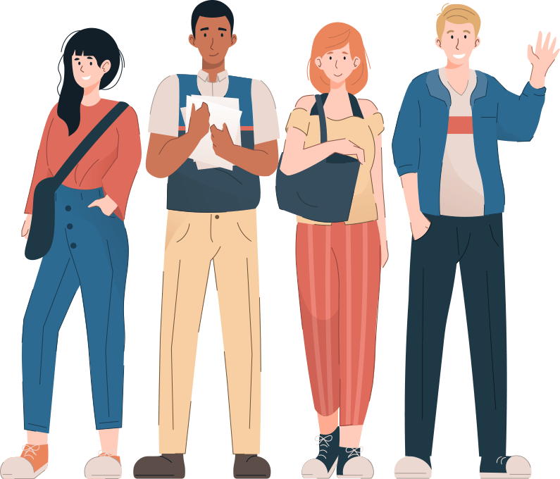 Group of four students standing together looking out at the viewer, smiling and one is waving.