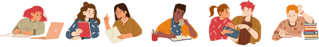 Illustration of seven students studying individually and in pairs