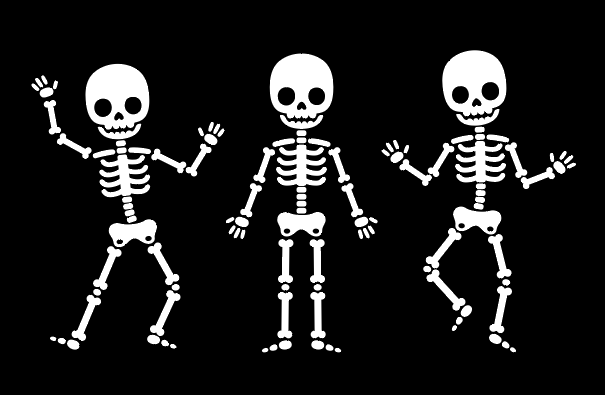 Three cute cartoon skeleton figures, 
on a black background