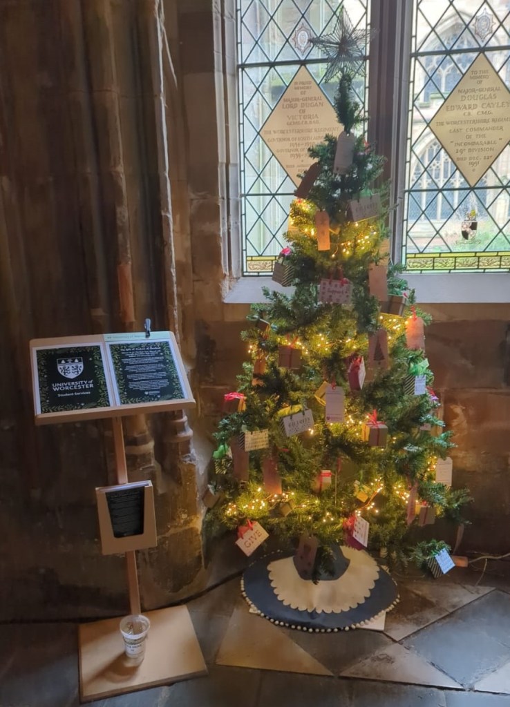 The University's tree at Worcester Cathedral, adorned with our hand made decorations.