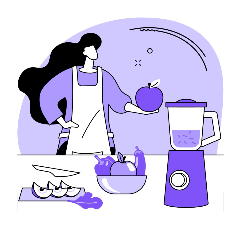 Cartoon image of a female student making a smoothie with fresh fruit