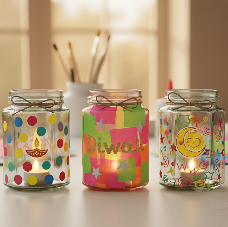 Photo of three jam jars, decorated for Divali with decoupage and painting, with candles inside.