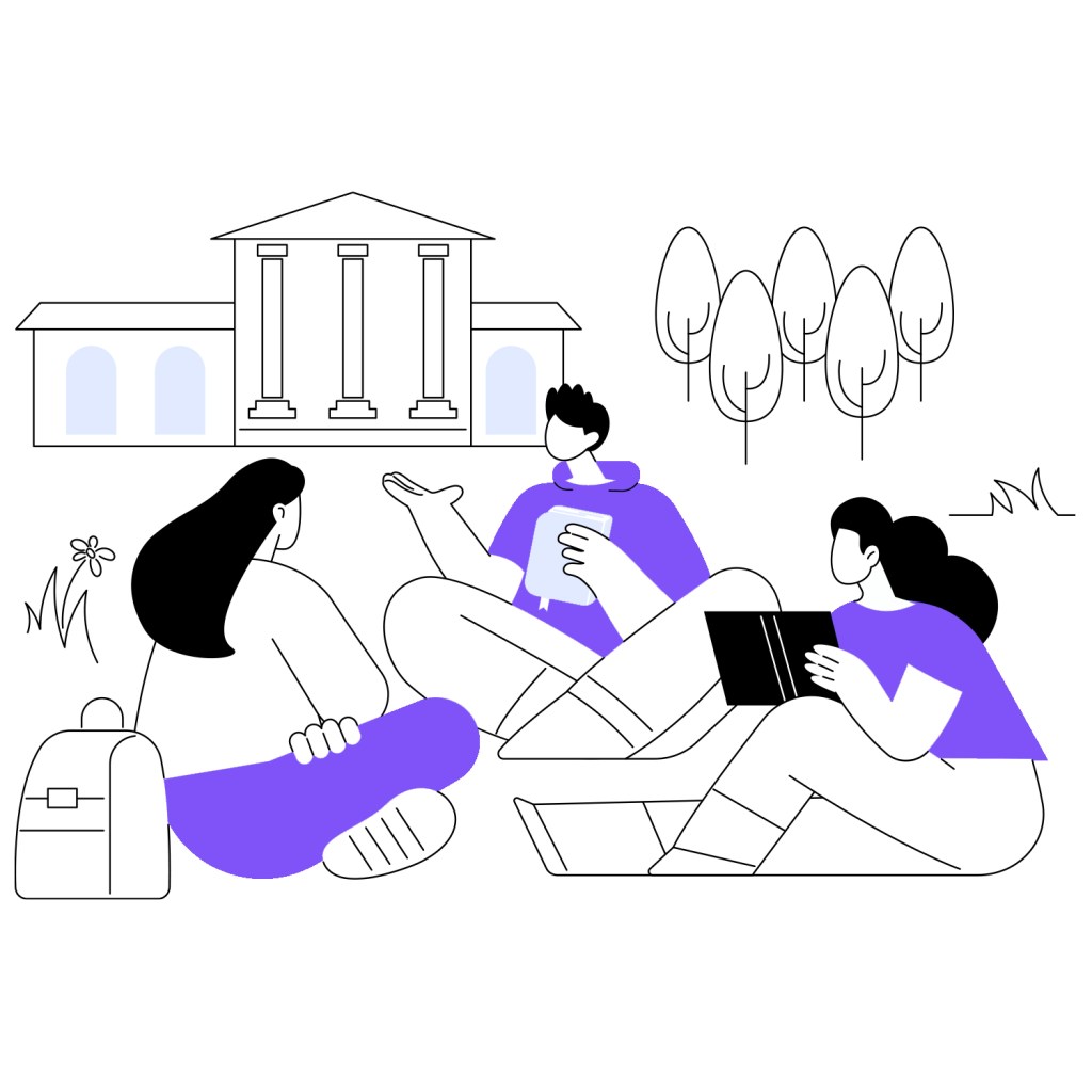 Cartoon image of three students sitting outside, talking and socialising 