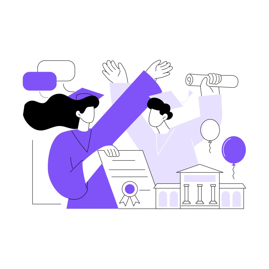 Cartoon image of a female and male student wearing the graduation robes and celebrating together