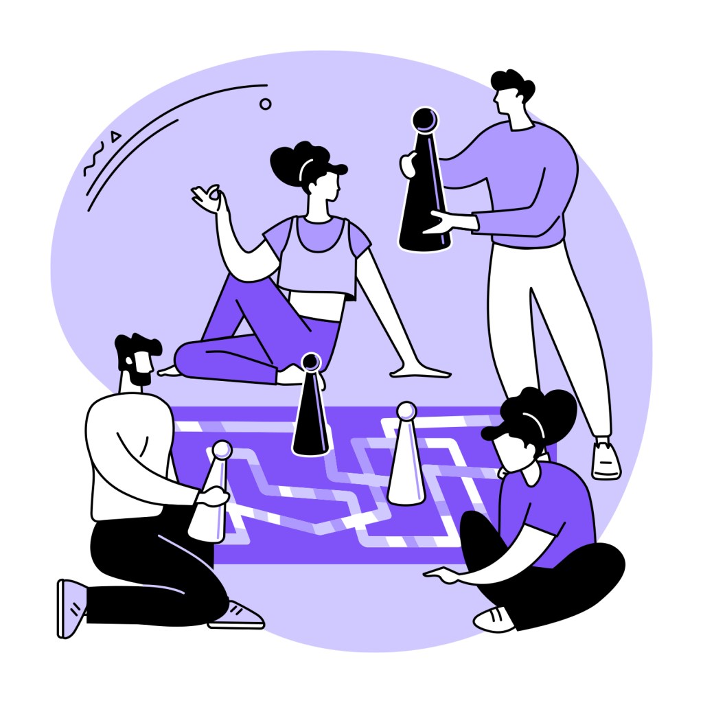 Cartoon image of four students playing a game with oversized chess pieces