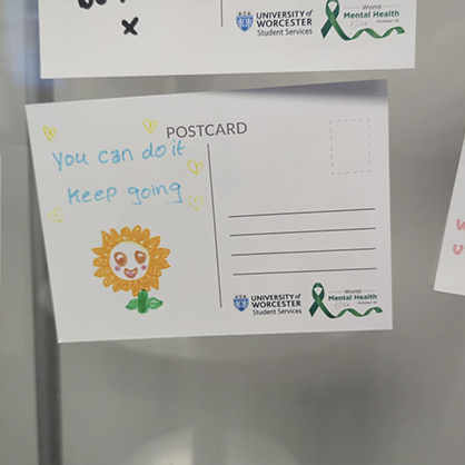 Positivity Postcard, completed by students on campus, reading "you can do it, keep going"